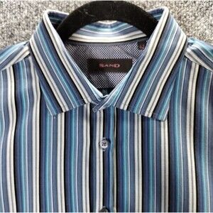 Sand Shirt Men's 42 XL Button Down Front Long Sleeve Aqua Navy Grey Cotton Beach
